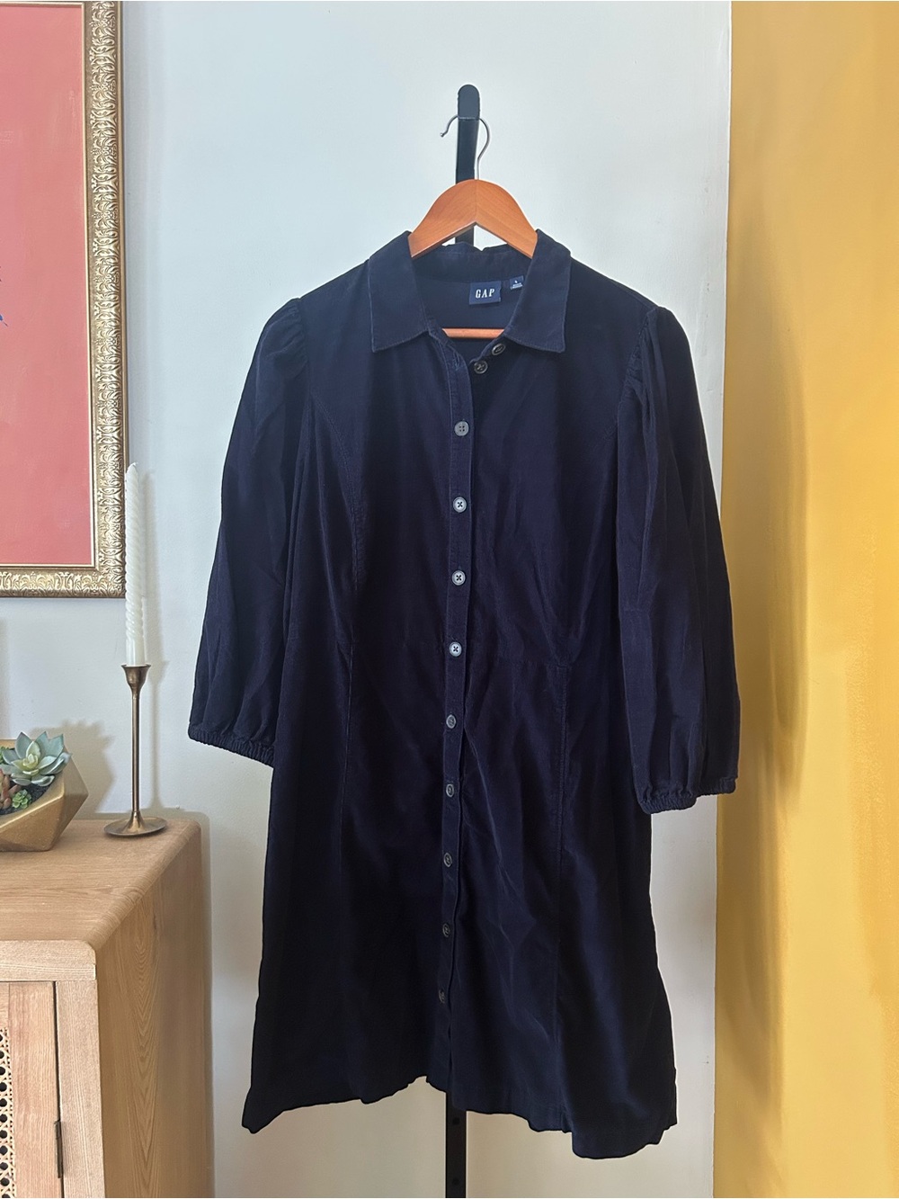 GAP Corduroy Puff Sleeve Button Front Shirt Dress Mini Collar Navy Blue Large